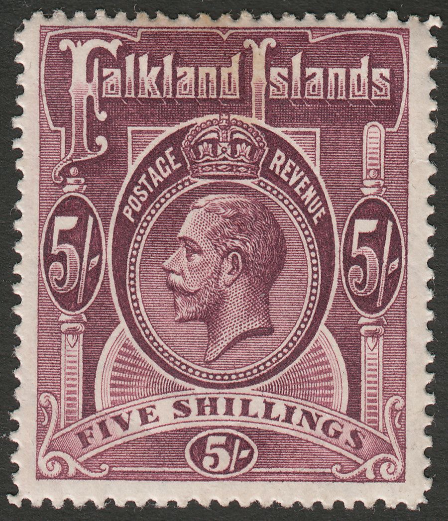 Falkland Islands 1914 KGV 5sh Reddish Maroon Mint SG67a cat £300 small tone mark