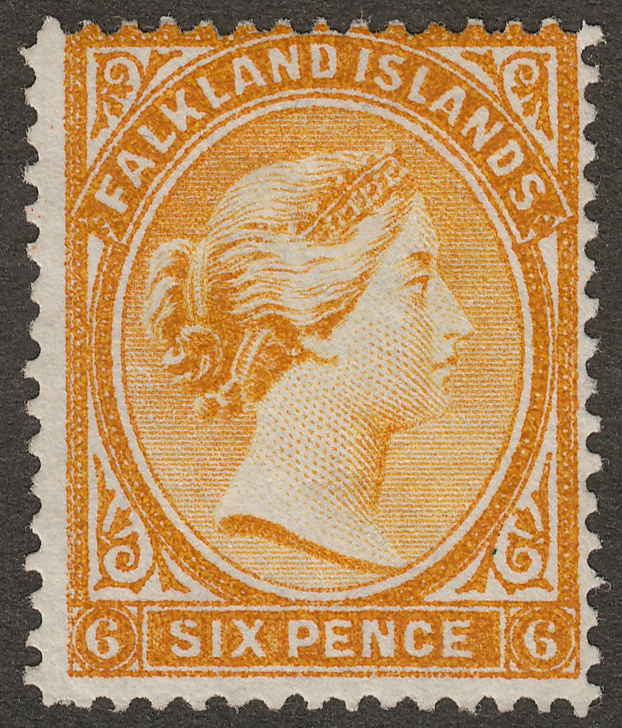 Falkland Islands 1891 QV 6d Orange-Yellow wmk Reversed Mint SG33x