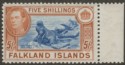 Click for more photos and details Falkland Islands 1949 KGVI 5sh Dull Blue and Yellow-Brown Mint SG161c