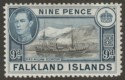 Click for more photos and details Falkland Islands 1938 KGVI 9d Sepia and Grey-Blue Mint SG157