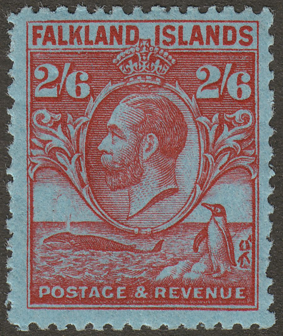 Falkland Islands 1929 KGV Whale and Penguins 2sh6d Carmine on Blue Mint SG123