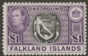 Click for more photos and details Falkland Islands 1938 KGVI £1 Black and Dull Violet Mint SG163