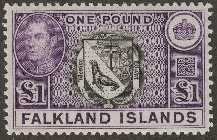 Falkland Islands 1944 KGVI £1 Grey-Black and Bluish Violet Mint SG163