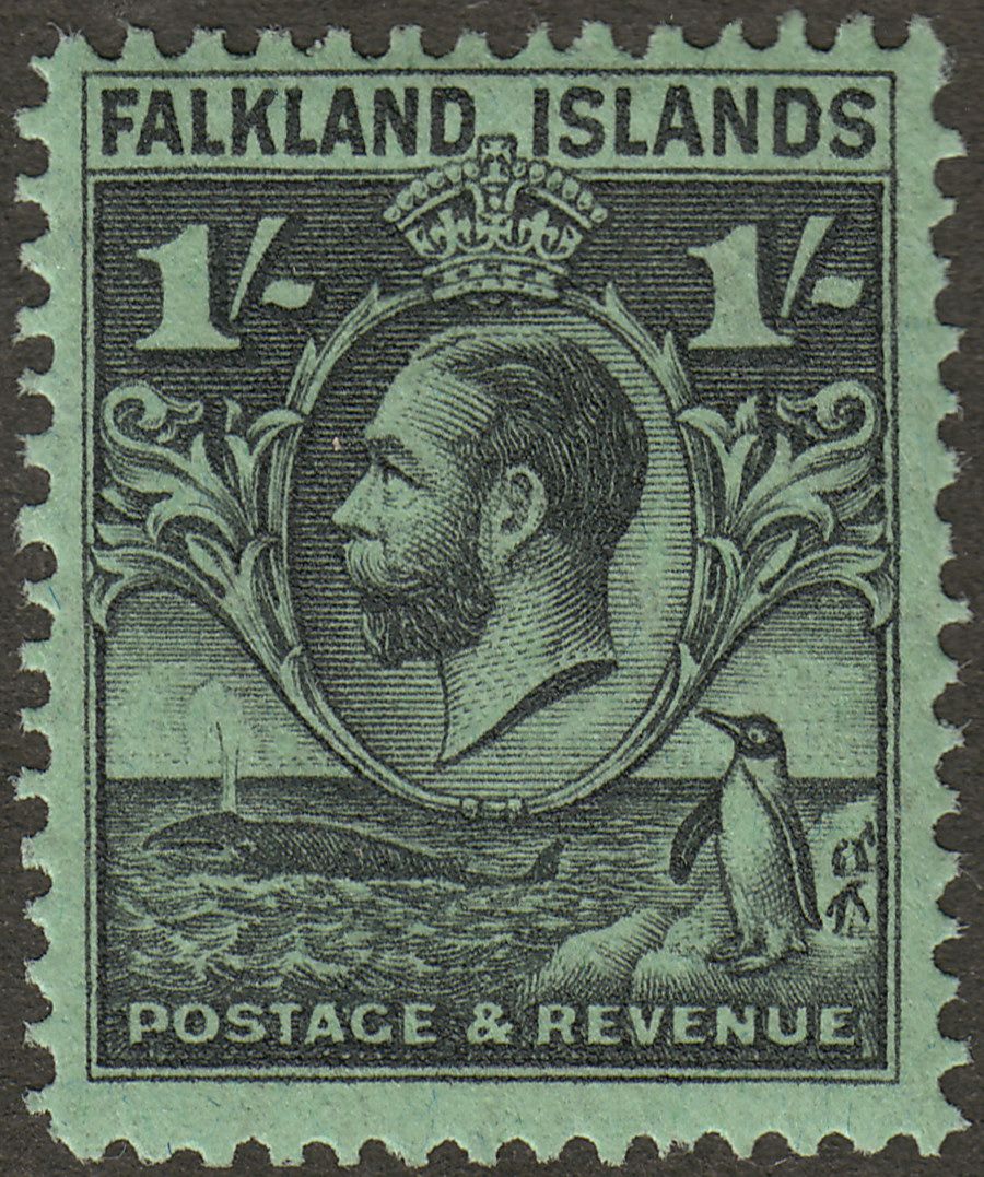 Falkland Islands 1929 KGV Whale and Penguins 1sh Black on Emerald Mint SG122