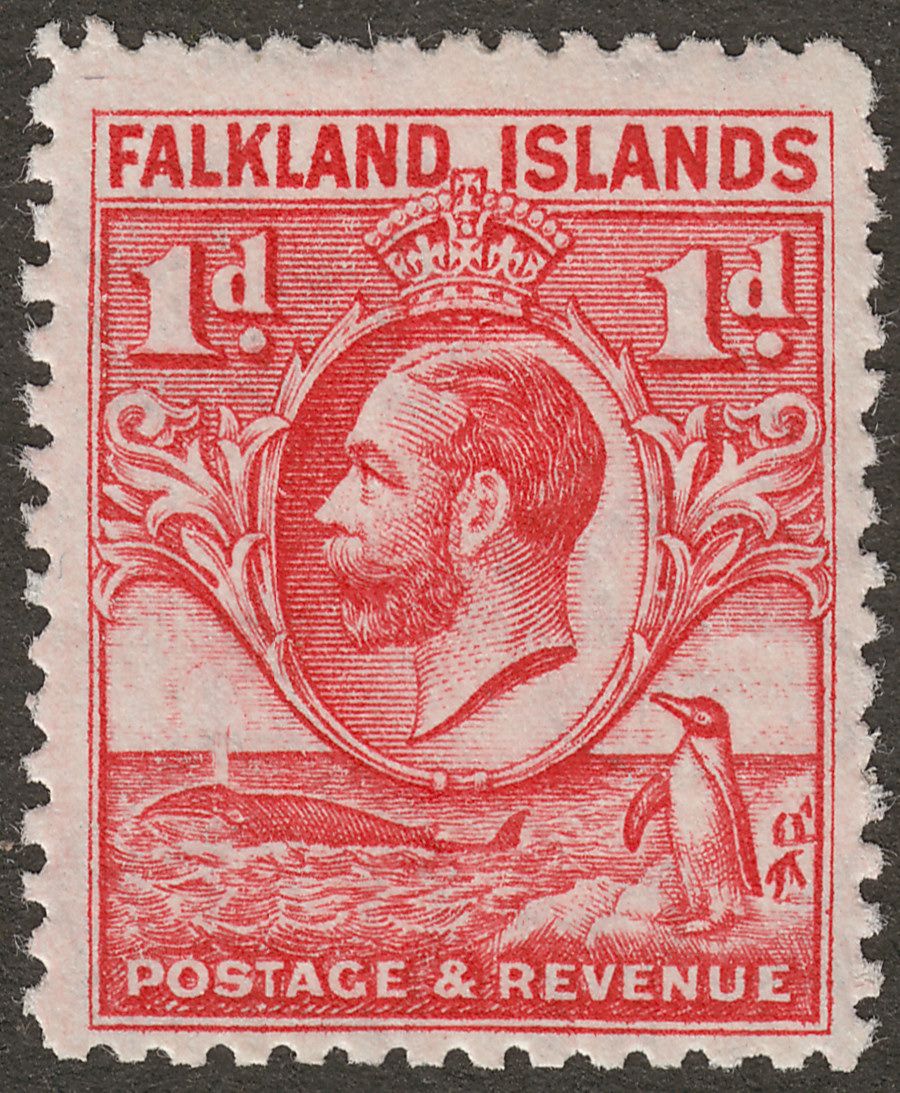 Falkland Islands 1936 KGV Whale and Penguins 1d Deep Red Mint SG117a