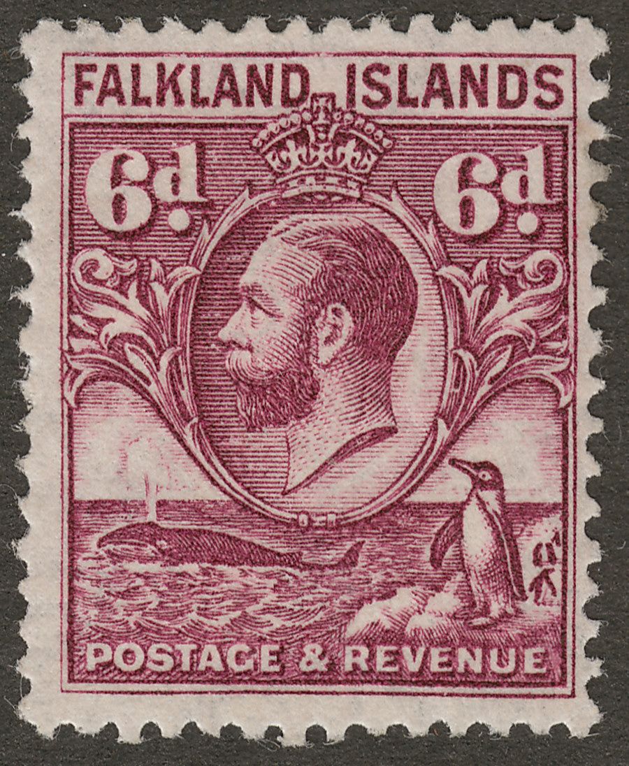 Falkland Islands 1929 KGV Whale and Penguins 6d Purple Mint SG121