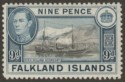 Click for more photos and details Falkland Islands 1938 KGVI 9d Sepia and Grey-Blue Mint SG157