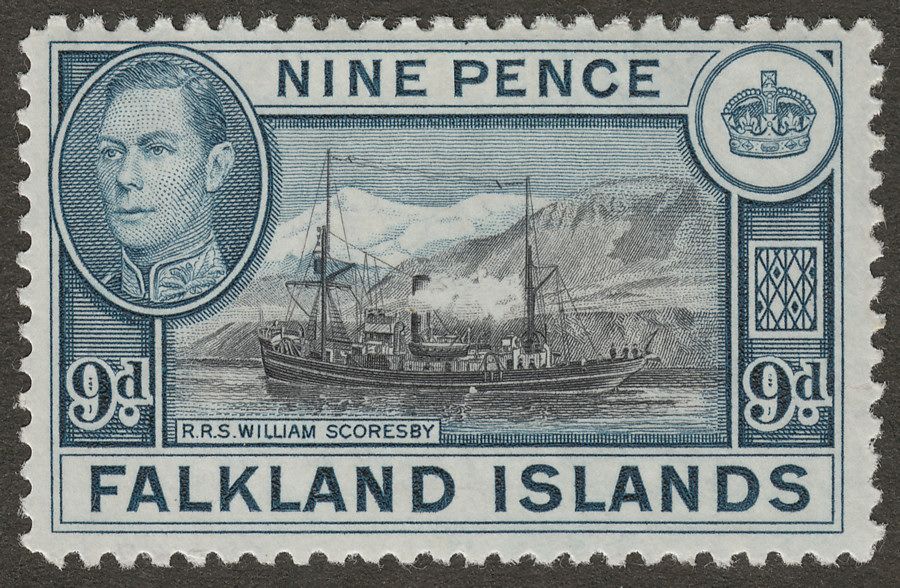 Falkland Islands 1944 KGVI 9d Brown-Black and Grey-Blue Mint SG157
