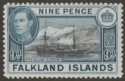 Click for more photos and details Falkland Islands 1944 KGVI 9d Brown-Black and Grey-Blue Mint SG157