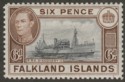 Click for more photos and details Falkland Islands 1937 KGVI 6d Slate-Black and Dull Brown Mint SG155