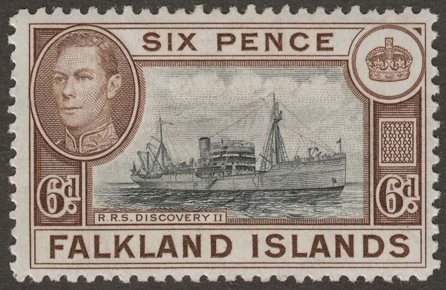 Falkland Islands 1944 KGVI 6d Slate-Black and Deep Sepia Mint SG155a
