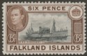 Click for more photos and details Falkland Islands 1944 KGVI 6d Slate-Black and Deep Sepia Mint SG155a