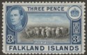 Click for more photos and details Falkland Islands 1941 KGVI 3d Black and Deep Blue Mint SG153a