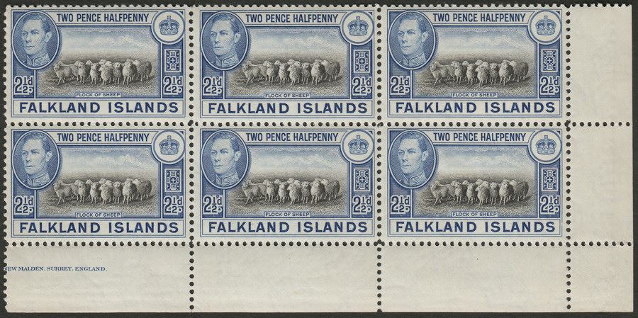 Falkland Islands 1938 KGVI 2½d Black + Bright Blue Margin Block of 6 Mint SG151