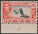Falkland Islands 1946 KGVI Turkey Vultures 1sh3d Black + Carmine-Red Mint SG159
