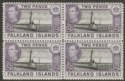 Click for more photos and details Falkland Islands 1938 KGVI 2d Black and Pale Violet Block of Four Mint SG149