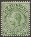 Click for more photos and details Falkland Islands 1918 KGV ½d Deep Olive Line Perf Mint SG60b