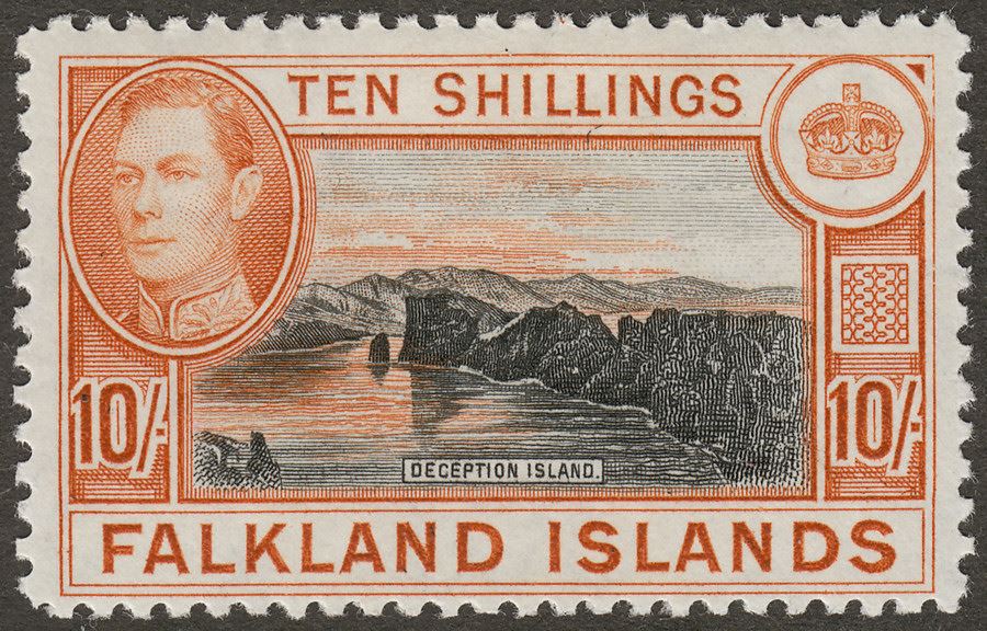 Falkland Islands 1942 KGVI 10sh Black and Light Orange Mint SG162a