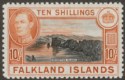 Click for more photos and details Falkland Islands 1942 KGVI 10sh Black and Orange Mint SG162a