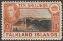 Click for more photos and details Falkland Islands 1938 KGVI 10sh Black and Orange-Brown Mint SG162