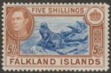Click for more photos and details Falkland Islands 1949 KGVI 5sh Dull Blue and Yellow-Brown Mint SG161c cat £120
