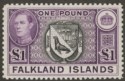Click for more photos and details Falkland Islands 1938 KGVI £1 Black and Dull Violet Mint SG163 cat £130