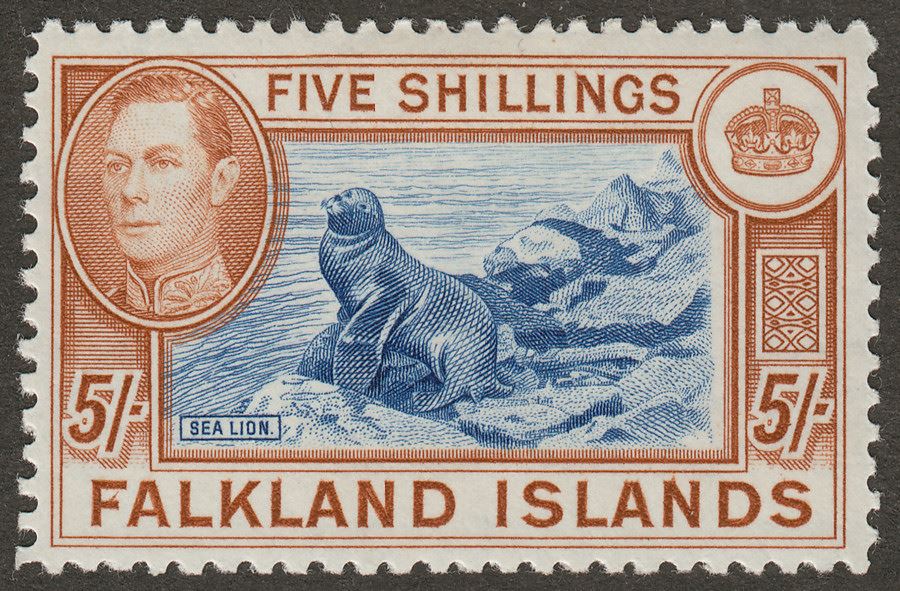 Falkland Islands 1938 KGVI 5sh Blue and Chestnut Mint SG161