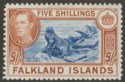 Click for more photos and details Falkland Islands 1938 KGVI 5sh Blue and Chestnut Mint SG161