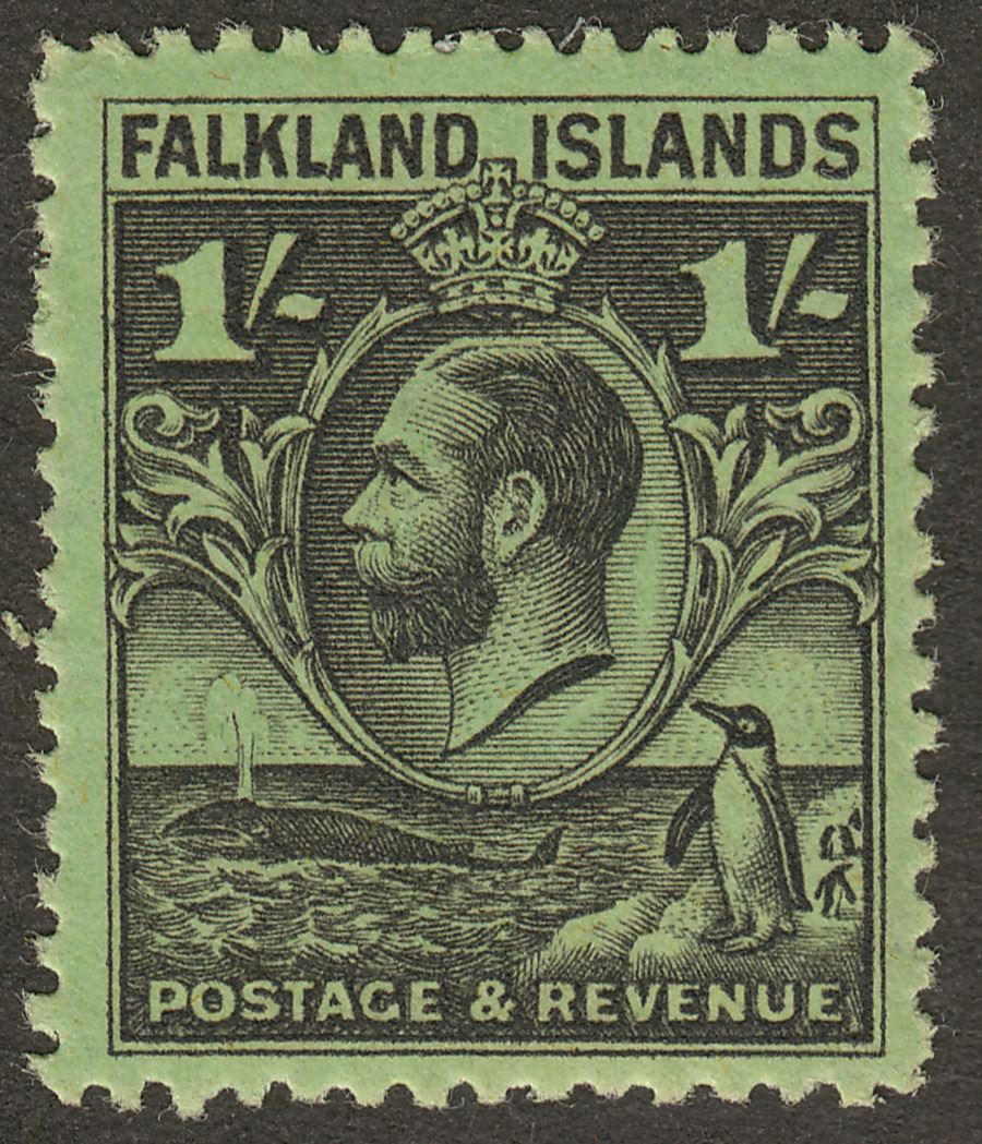 Falkland Islands 1936 KGV Whale + Penguins 1sh Black on Brt Emerald Mint SG122a