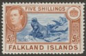 Click for more photos and details Falkland Islands 1938 KGVI 5sh Blue and Chestnut Mint SG161