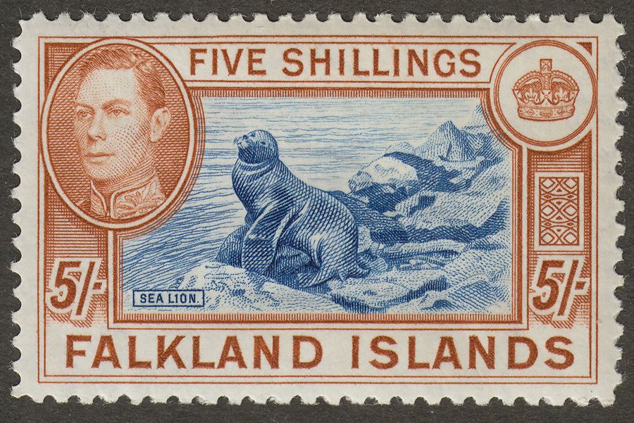 Falkland Islands 1938 KGVI 5sh Blue and Chestnut Mint SG161 cat £150 VLMM