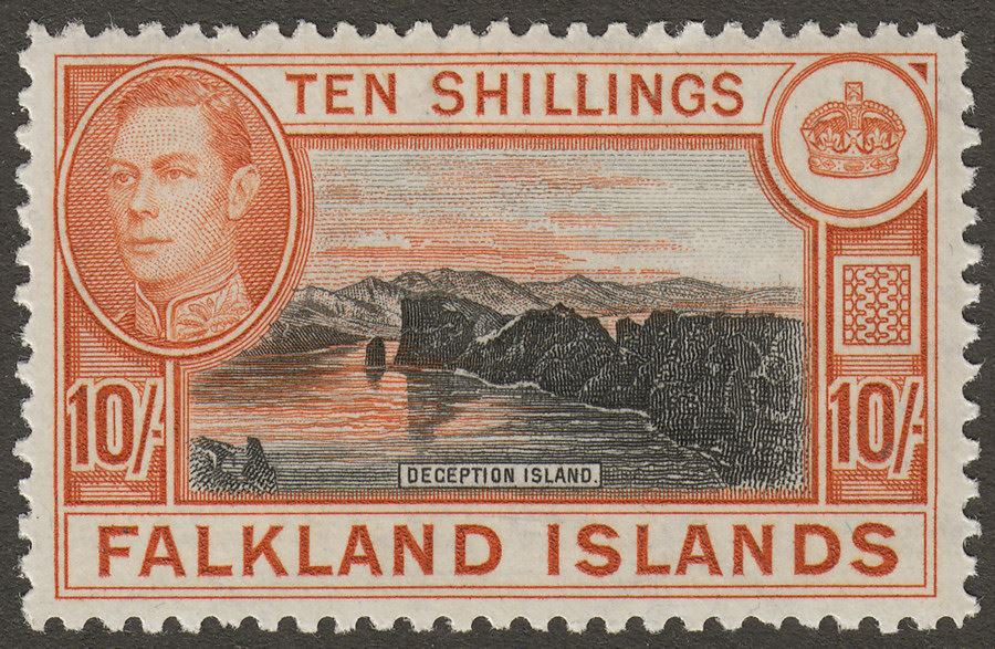 Falkland Islands 1949 KGVI 10sh Black and Red-Orange Mint SG162b cat £120