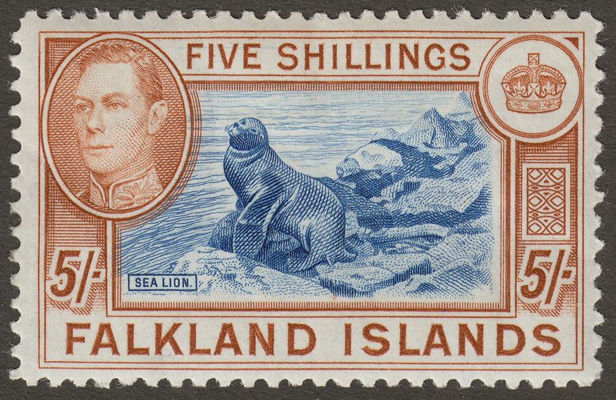 Falkland Islands 1938 KGVI 5sh Blue and Chestnut Mint SG161 cat £150 light bends