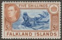 Click for more photos and details Falkland Islands 1938 KGVI 5sh Blue and Chestnut Mint SG161 cat £150 light bends