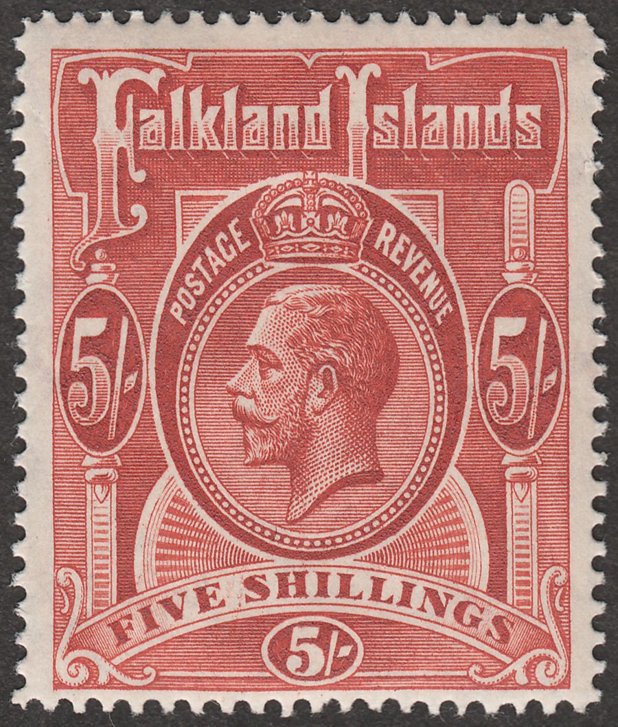 Falkland Islands 1912 KGV 5sh Deep Rose-Red Mint SG67