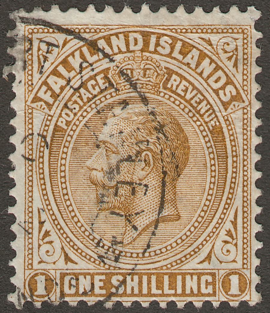 Falkland Islands 1919 KGV 1sh Pale Bistre-Brown Used SG65a c£130 with faults