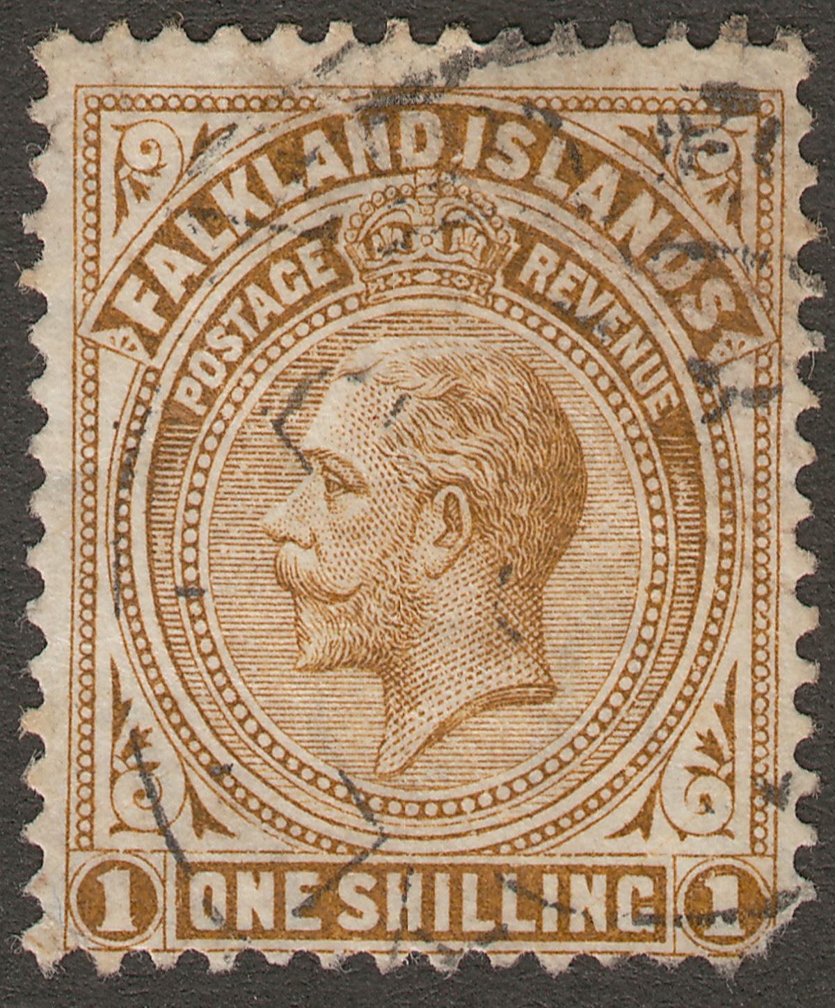 Falkland Islands 1919 KGV 1sh Pale Bistre-Brown Used SG65a cat £130 with faults