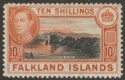 Click for more photos and details Falkland Islands 1949 KGVI 10sh Black and Red-Orange Mint SG162b cat £120