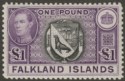 Click for more photos and details Falkland Islands 1938 KGVI £1 Black and Dull Violet Mint SG163 cat £130