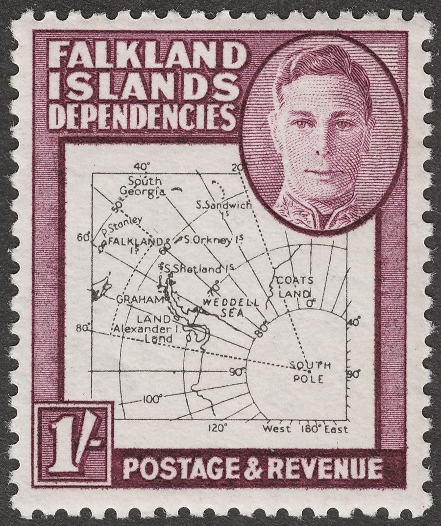 Falkland Islands Dependencies 1948 KGVI Thin Map 1sh Dot in T Mint SG G16a