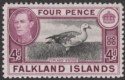 Click for more photos and details Falkland Islands 1944 KGVI 4d Black and Purple Mint SG154