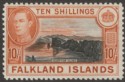 Click for more photos and details Falkland Islands 1949 KGVI 10sh Black and Red-Orange Mint SG162b