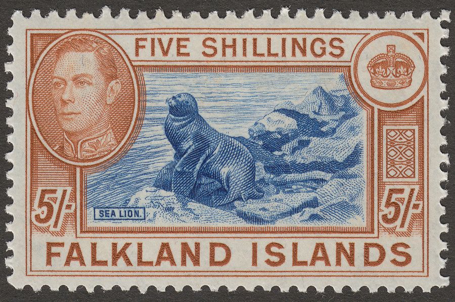 Falkland Islands 1949 KGVI 5sh Dull Blue and Yellow-Brown Mint SG161c