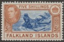 Click for more photos and details Falkland Islands 1949 KGVI 5sh Dull Blue and Yellow-Brown Mint SG161c