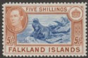 Click for more photos and details Falkland Islands 1938 KGVI 5sh Blue and Chestnut Mint SG161