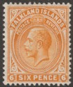 Click for more photos and details Falkland Islands 1912 KGV 6d Yellow-Orange Mint SG64
