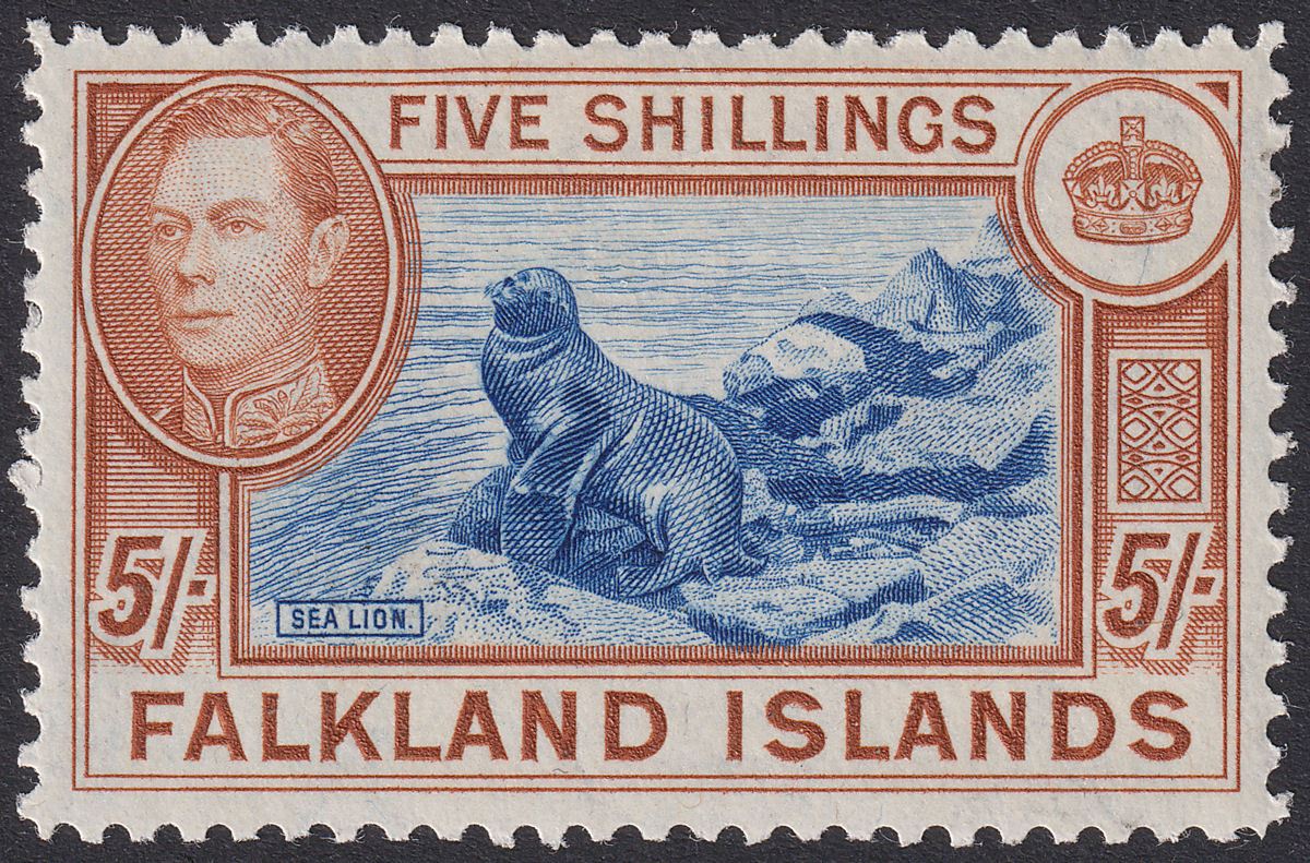 Falkland Islands 1949 KGVI 5sh Dull Blue and Yellow-Brown Mint SG161c cat £120