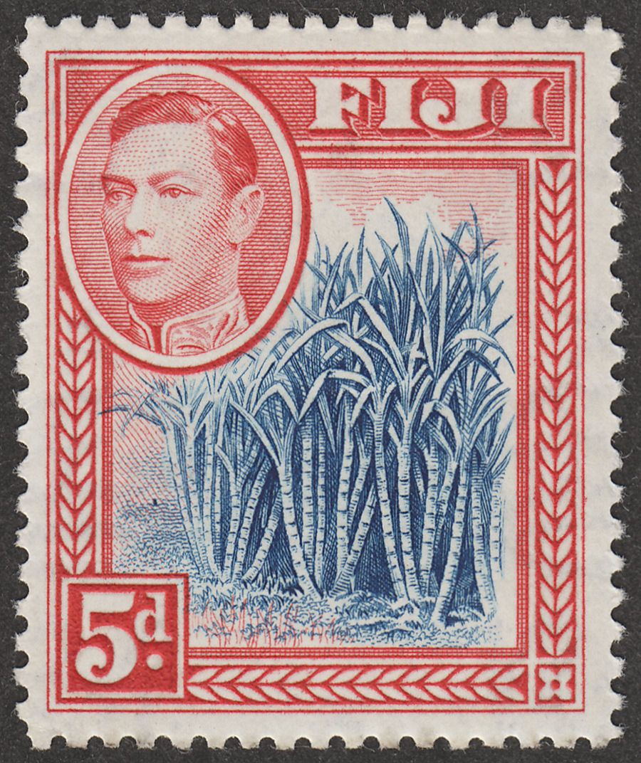 Fiji 1938 KGVI Sugar Cane 5d Blue and Scarlet Mint SG258