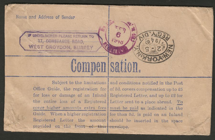 King George VI 1948 2sh6d 10d CO 5½d on 5½d Registered Postal Stat Cover - USA