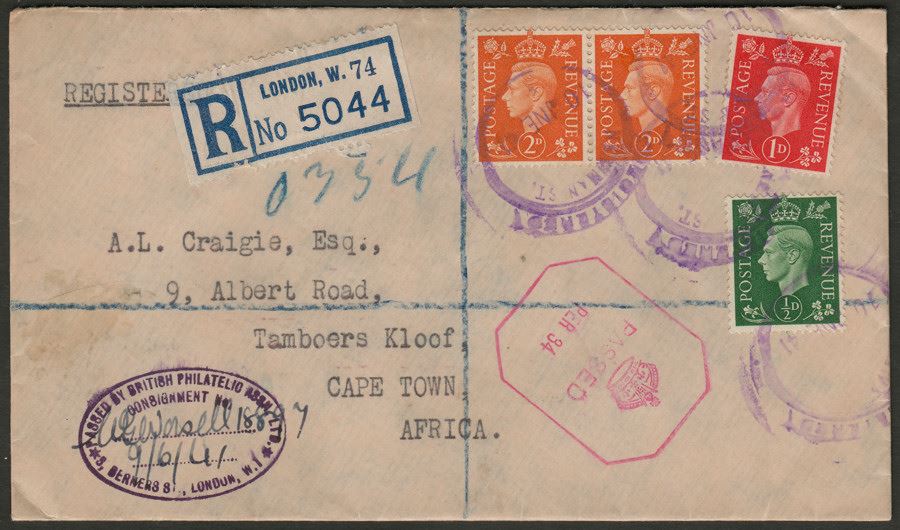 King George VI 1941 2d Pair 1d ½d on Registered Censored Cover to South Africa